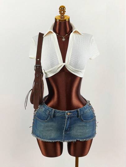 Amplova 2026 Vacation Textured Fabric V-Neck Twist Front Cropped Shirt For Women