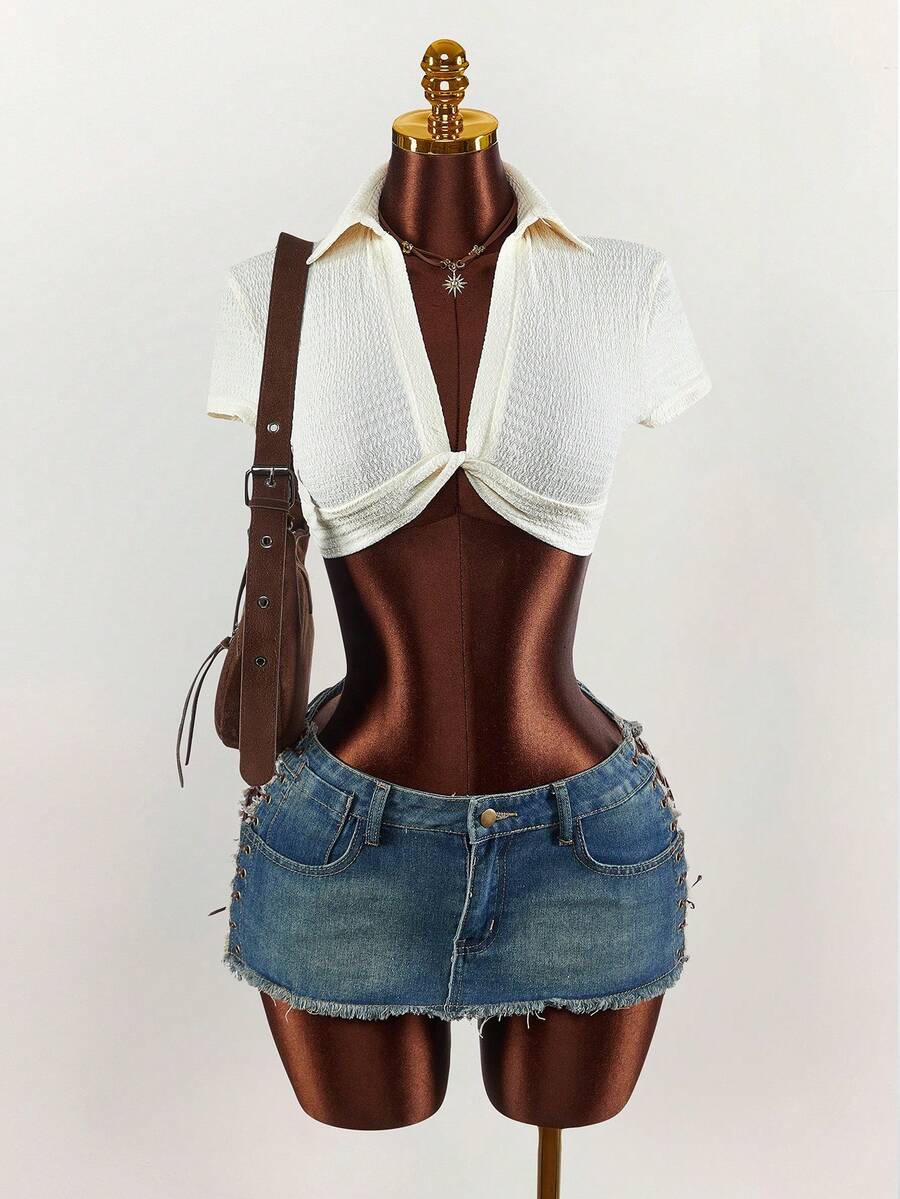 Amplova 2026 女士度假风纹理面料 V 领扭结前襟短款衬衫 - 杏色 - 查看 1