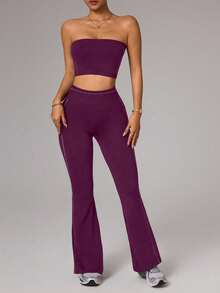 Dewbera Dewbera Ensemble de sport femme avec Top bandeau court et pantalon - Prune - Voir 5