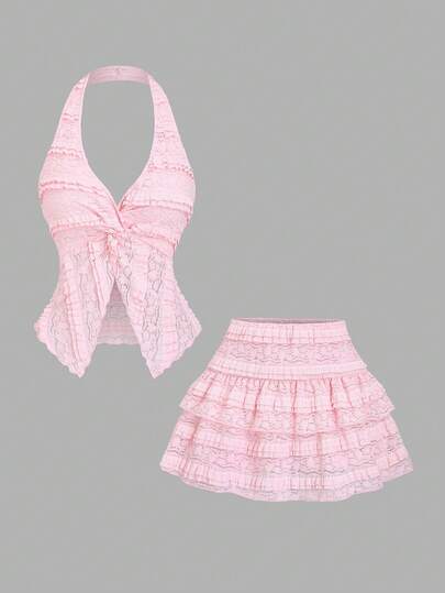 Sweetra Spring/Summer New Halter Neck Camisole And Layered Ruffle Hem A-Line Mini Skirt Set, Sweet French Style