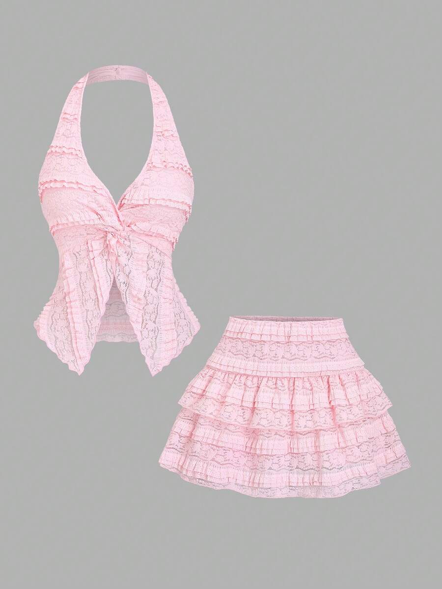 Sweetra Spring/Summer New Halter Neck Camisole And Layered Ruffle Hem A-Line Mini Skirt Set, Sweet French Style - Pink - View 1