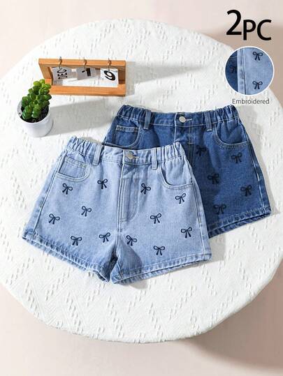 Set de 2 pantalones vaqueros para niñas preadolescentes, nueva llegada de verano, azul medio, casual y cómodo, bordado de lazo, pierna recta suelta, tela de mezclilla de algodón suave, adecuado para la escuela, el transporte, las reuniones y otras actividades