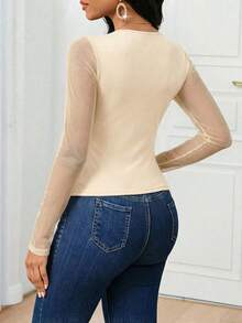 SHEIN Lady Áo thun dài tay ôm dáng, màu trơn, thanh lịch dành cho nữ, có bèo nhún. - Màu be - Xem 2