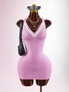 Amplova Women's Striped Backless Fitted Mini Dress With Hood - Pink - View 4