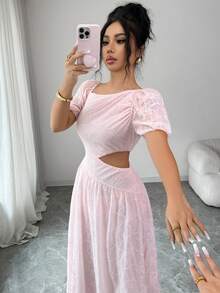 Modelyn 女士优雅腰部镂空花瓣袖提花连衣裙 - 粉色 - 查看 6