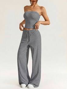 SHEIN PETITE 女士度假条纹抹胸上衣和系带阔腿裤两件套 - 黑色 - 查看 9