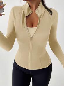 DAZY Spring Outdoor Sports Running Yoga Fitted Long Sleeve Jacket - Khaki - View 4