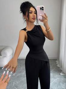 Elenzga 新款黑色无袖不对称肩部装饰纽扣腰部褶裥休闲百搭女式两件套针织衫 - 黑色 - 查看 4