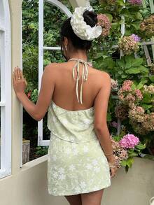 MainGRL 绿色碎花吊带背心和可爱迷你裙两件套 - 綠色 - 查看 2