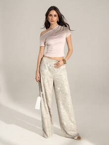 SHEIN Tall Women's Fashionable Commuter Sequin Wide Leg Pants - Beige - View 4