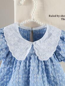 SHEIN 女童简约清新彼得潘领短袖连衣裙 - 藍色 - 查看 4