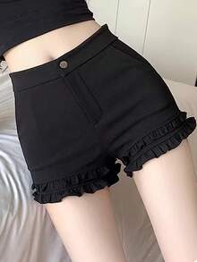 DAZY Women's Solid Color High Waist Ruffle Hem Casual Versatile Shorts - Black - View 4