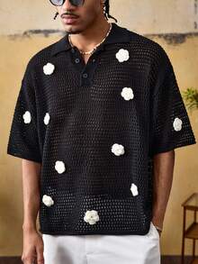 ROMWE MEN Street Life Men's 3D Floral Hollow-Out Knit Sweater - Black - View 6