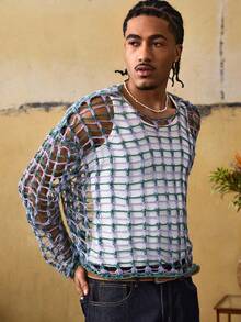 ROMWE MEN Street Life Men's Round Neck Fishnet Hollow Casual Versatile Daily Knit Long Sleeve Top - Multicolor - View 1