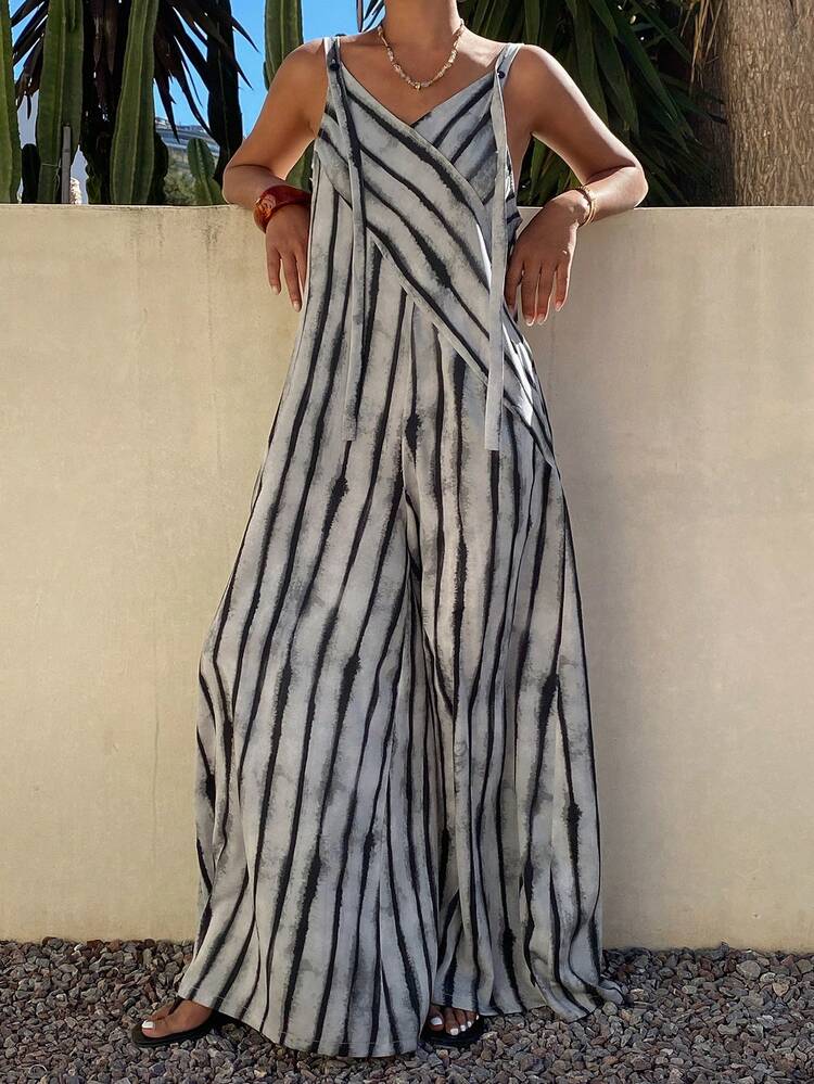 Contrast Color Stripe Tie Dye Loose Bib Pants, Casual Vacation Summer Jumpsuit For Women Jumpsuits For Women Lounge Sets For Women