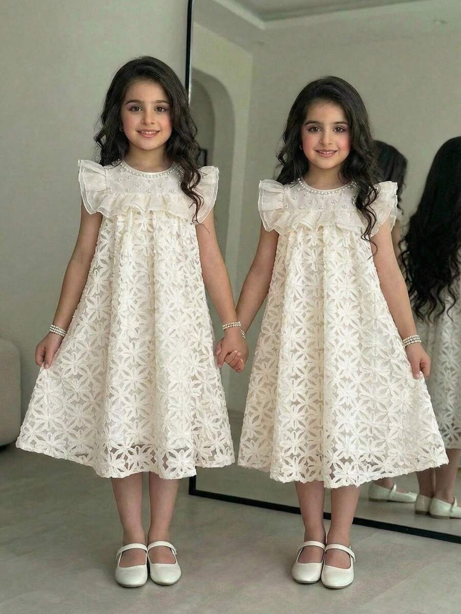 SHEIN 少女宽松优雅圆领荷叶边碎花连衣裙 - 杏色 - 查看 1