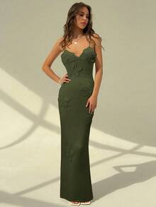 Aloruh Vestido de tirantes de flores hecho a mano a ganchillo, romántico para la playa, citas, vacaciones de verano - Verde militar - Ver 4