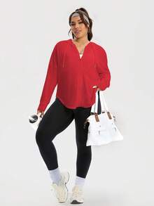 Rhythm Era Plus Size Solid Color Drop Shoulder Long Sleeve Curved Hem Drawstring Hoodie Casual Sports Jacket - Red - View 6