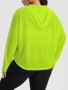 Rhythm Era Plus Size Women Neon Green Zip-Up Drawstring Hooded Mesh Breathable Sports Jacket - Green - View 2