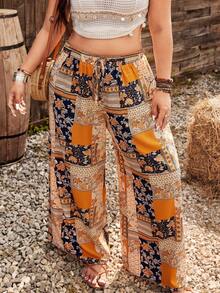 Ceyna Plus Size Straight Loose Drawstring Pants, Multi-Color, Suitable For Spring & Summer Music Festival Pants Boho Pants For Women Patchwork Pants Bohemian Trousers Wide Leg Pants Woman High Waist Boho Women's Clothing - Multicolor - View 5