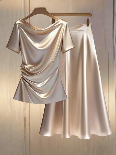 Franclia Elegant Commuter Draped Collar Ruffle Trim Faux Button A-Line Waist 2 Pieces Set For Women Satin Dress Elegant Draped Top Skirt Set Champagne Women Skirt Elegant Silk Outfit Classy Gold Set Draped Top And Skirt Set Satin Skirt Set Champagne Elegant Set Silk Effect Outfit Gold Classy Two-Piece Draped Dress Champagne Women Dresses Gold Dresses Classy Elegant Silk Dresses