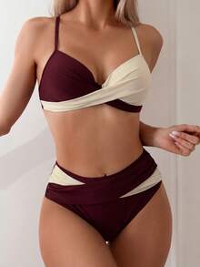 SHEIN Swim Bộ bikini hai màu phối chéo dành cho nữ, kiểu dáng nghỉ dưỡng biển, bộ đồ bơi 2 mảnh dành cho nữ. - Nhiều màu - Xem 4