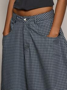 COUREZ Pantalones holgados de tiro bajo a cuadros de algodón unisex para mujeres y hombres - Azul Marino - Ver 5