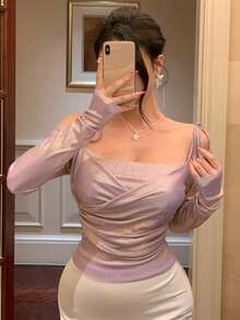 DAZY 春夏季粉色亮面情人節、婚禮、宴會、舞會禮服、時尚派對、修身、優雅、露肩、細肩帶、長袖女款外出上衣 - 淡紫色 - 查看 8