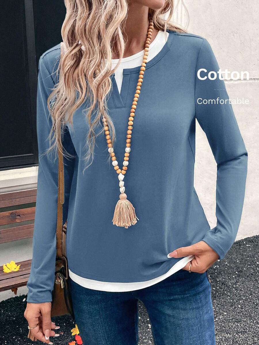 EMERY ROSE 女士撞色二合一长袖T恤 - 藍色 - 查看 1