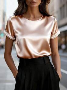 Franclia Women's Champagne Satin T-Shirt With Pearl Embellished Short Sleeves Casual And Elegant Boat Neck Top - Champagne - View 1