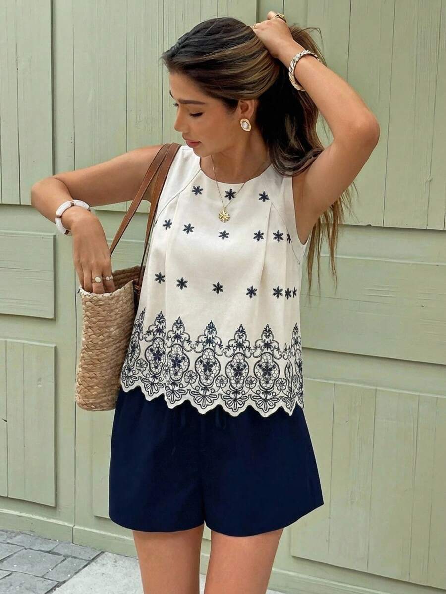 Serisse Áo nữ dáng rộng xếp ly in hoa, không tay, phong cách nghỉ hè, áo kiểu bohemian cổ tròn không tay dáng rộng cho kỳ nghỉ hè. - Màu be - Xem 1