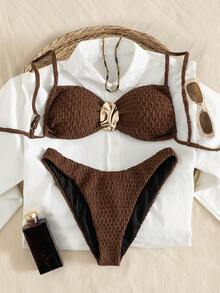 Swim Chiccia 春夏女士泳装两件套，性感度假优雅双肩带女士沙滩装套装 - 棕色 - 查看 5