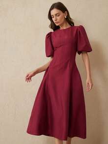 Revavyn Zweifarbiges Bambus-Knoten-Design, lässiges Bindegürtel-Maxikleid mit Puffärmeln Einfarbig - Bordeaux - Übersicht 7