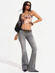 Flirla Celana Jeans Wanita Model Flare Berpinggang Sangat Rendah Warna Abu-abu, Cocok untuk Acara Santai Musim Dingin - Grey - View 4