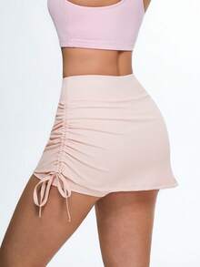 SHEIN Sovereign Charm 女士修身侧褶纯色网球裙短裤 - 粉色 - 查看 1