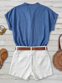 EMERY ROSE Mature Denim Áo sơ mi denim dáng rộng cổ chữ V tay cánh dơi cho nữ cỡ lớn, thích hợp mặc mùa hè, đi nghỉ mát, đi làm hàng ngày. - Màu xanh lam - Xem 2