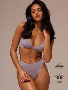 MUSERA ESSENTIALS Sheer Mesh Triangle Bralette With High Leg Thong 2 Pieces Multipack Set Sexy Lounge Cute Night Lingerie Essential - Light Grey - View 1