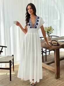 Louniche Women's Shirred Embroidered Waist Tie Side Slit Casual Vacation Dress, Spring/Summer - Blue and White - View 5