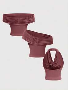 SHEIN MOD Bộ 3 áo hai dây nữ màu trơn xếp ly, đa năng, thanh lịch, thời trang cho mùa hè. - Bụi hồng - Xem 4