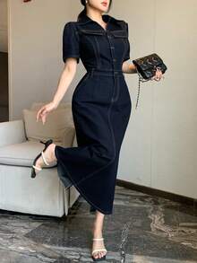 DAZY 女士休闲仿口袋翻领牛仔连衣裙，婚礼宾客礼服，女士长款连衣裙 - 藍色 - 查看 6