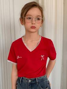 Dazy Kids 少女V领蕾丝拼接短袖T恤，秋夏季 - 紅色 - 查看 5