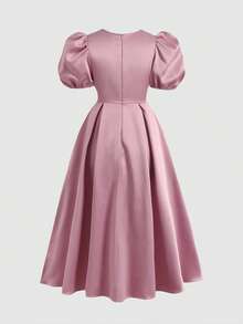 SHEIN 少女缎面花瓣袖收腰喇叭裙摆晚礼服 - 粉色 - 查看 2