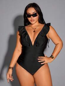 Shapewave New Arrival Summer Beach Vacation Ruffled Backless Elegant Plus Size One-Piece Swimsuit - Black - View 4