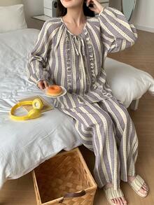 DAZY 2pcs Sweet Plaid & Ditsy Floral Ruffle Trim Long Sleeve Top And Pants Pajama Set, Spring/Autumn - Purple - View 9