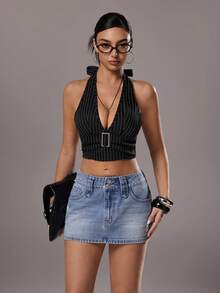 TRNVIE 女士修身休闲做旧牛仔迷你裙，夏季百搭 - 淺色水洗藍 - 查看 7