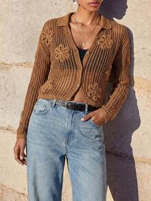 Maija Cárdigan de manga larga con tejido calado y diseño floral 3D - Café integral - Ver 1