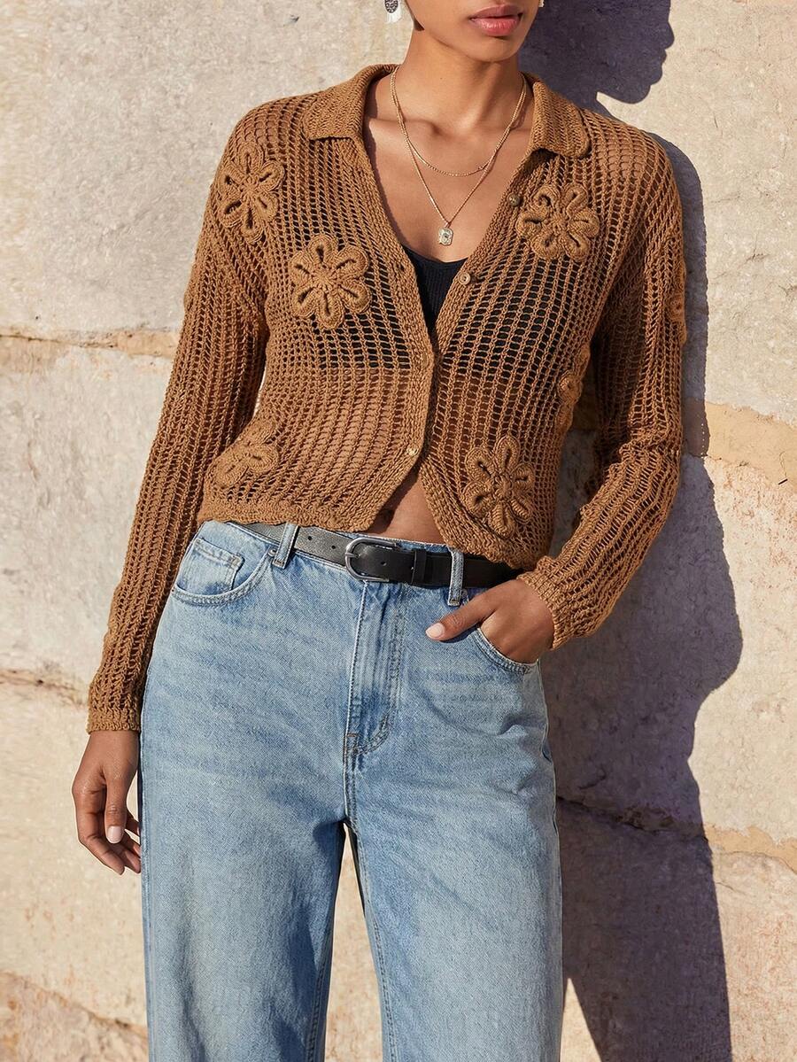 Maija Cárdigan de manga larga con tejido calado y diseño floral 3D - Café integral - Ver 1