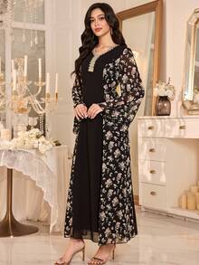 Al Najma Women's Elegant V-Neck Ruffle Ribbon Chiffon Printed Dress - Black - View 4