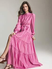 Ontre Women's Elegant Pink Long Sleeve Shirt Dress,Autumn Tea Party Solid Color Waist Loose Fit Maxi Dress,Minimalist Office Wear Wedding Guest Holiday - Pink - View 6