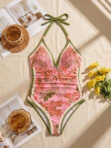 Travachic Traje de baño de una pieza con estampado floral tropical, cuello halter y nudo delantero para mujer talla grande - Rosa - Ver 7